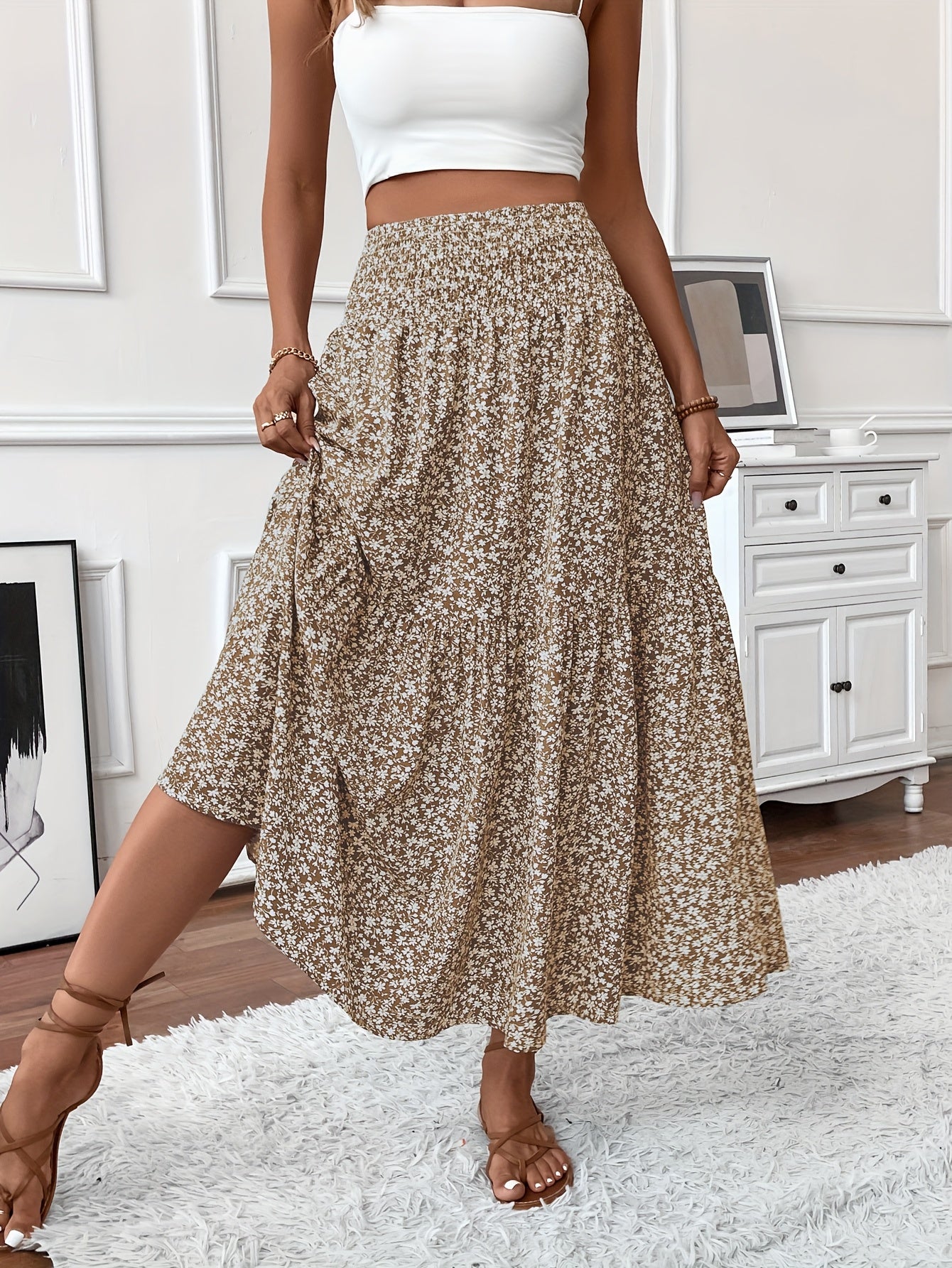 Inga™ | Casual Ditsy Floral Kjol med Elastisk Midja