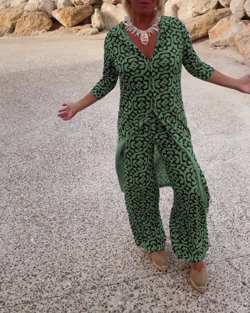 Amanda™ |Vintage tryckt tvådelat set med slag och knappar