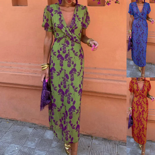 Sanna™ Maxiklänning – Elegant Blommönster, V-ringning & Bekväm Passform