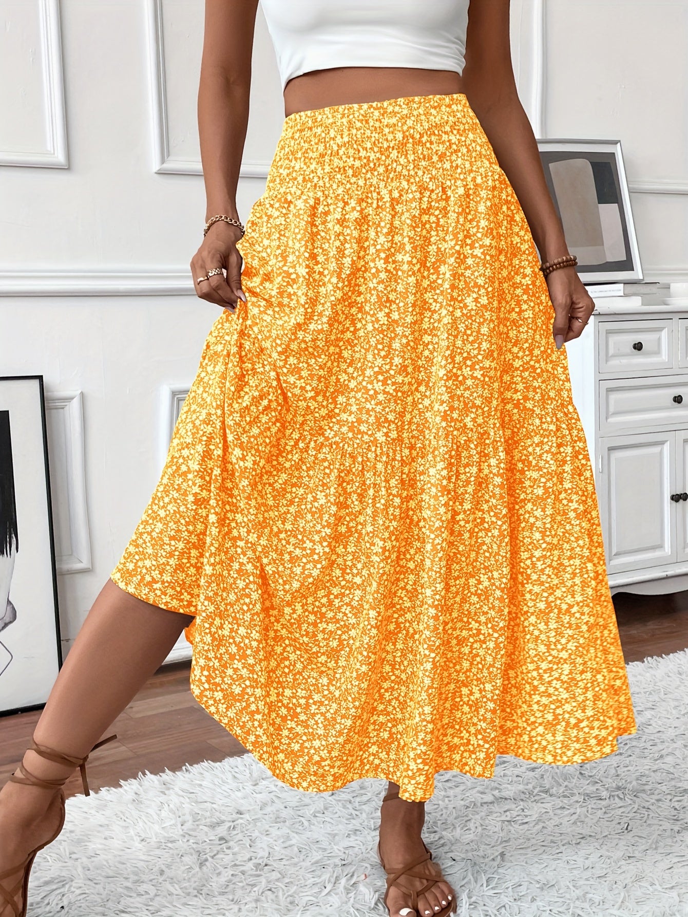 Inga™ | Casual Ditsy Floral Kjol med Elastisk Midja