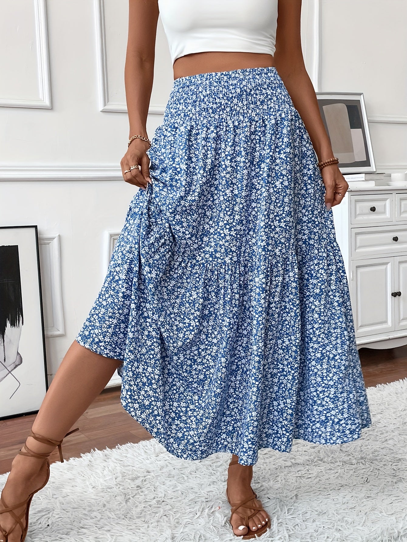 Inga™ | Casual Ditsy Floral Kjol med Elastisk Midja