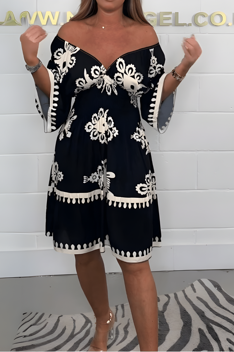 Elena™ | Kort bohemisk klänning med smickrande skärning och blommönster