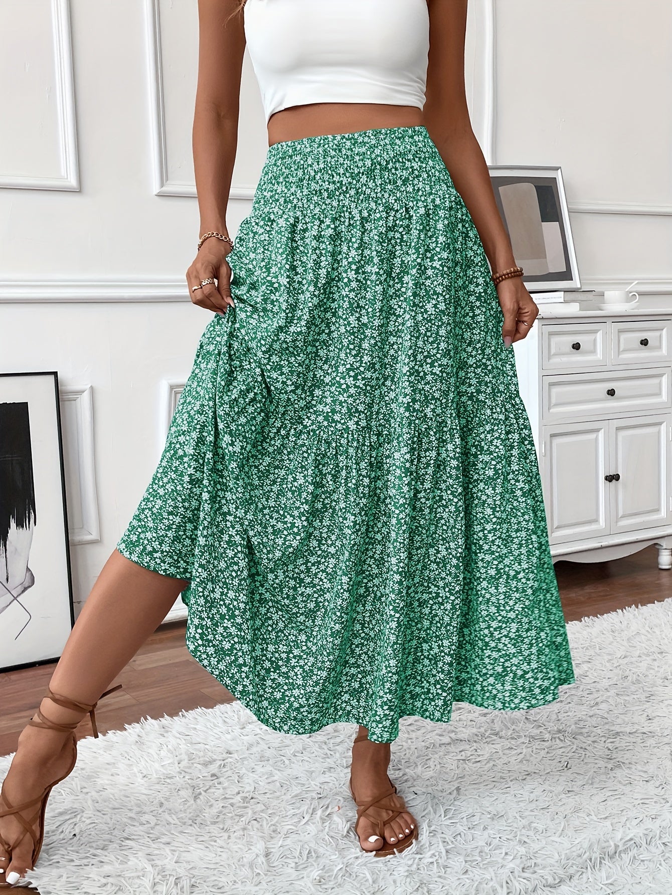 Inga™ | Casual Ditsy Floral Kjol med Elastisk Midja