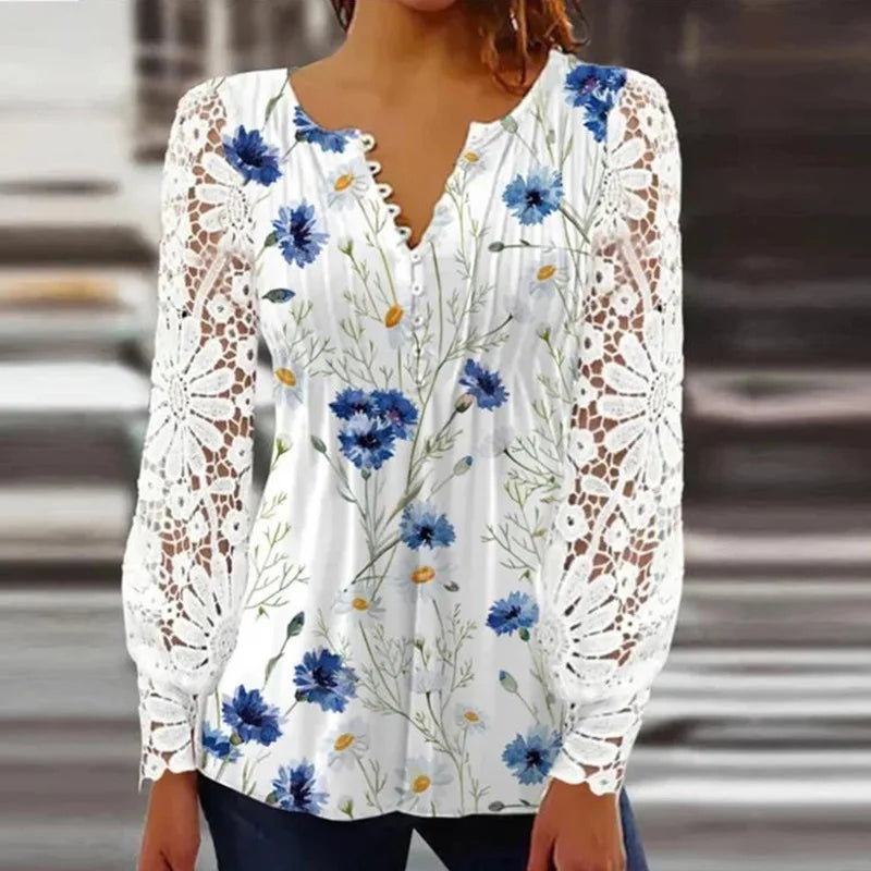 Tuva™ | Elegant Ruffled Tunika med Blommönster på Ärmarna och Lacy Detaljer