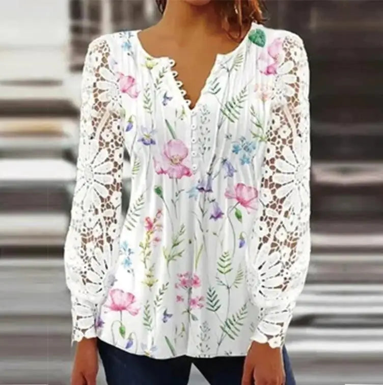 Tuva™ | Elegant Ruffled Tunika med Blommönster på Ärmarna och Lacy Detaljer
