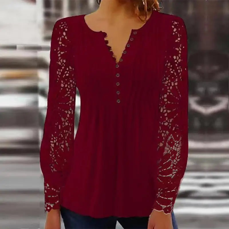 Tuva™ | Elegant Ruffled Tunika med Blommönster på Ärmarna och Lacy Detaljer