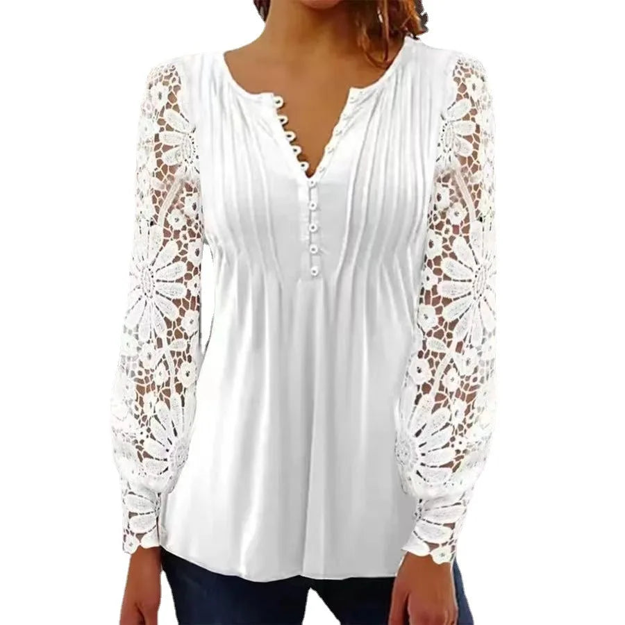 Tuva™ | Elegant Ruffled Tunika med Blommönster på Ärmarna och Lacy Detaljer