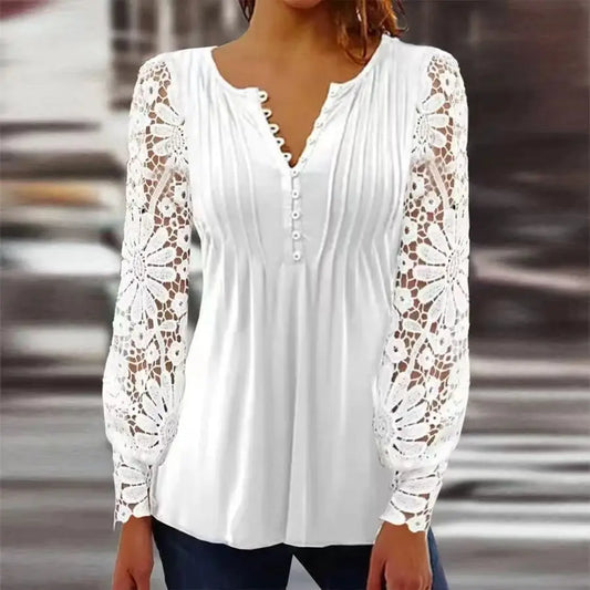 Tuva™ | Elegant Ruffled Tunika med Blommönster på Ärmarna och Lacy Detaljer