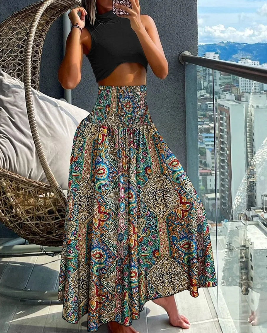 Inge™ – Luftig Boho-kjol med Vintage Paisley och Resårmidja