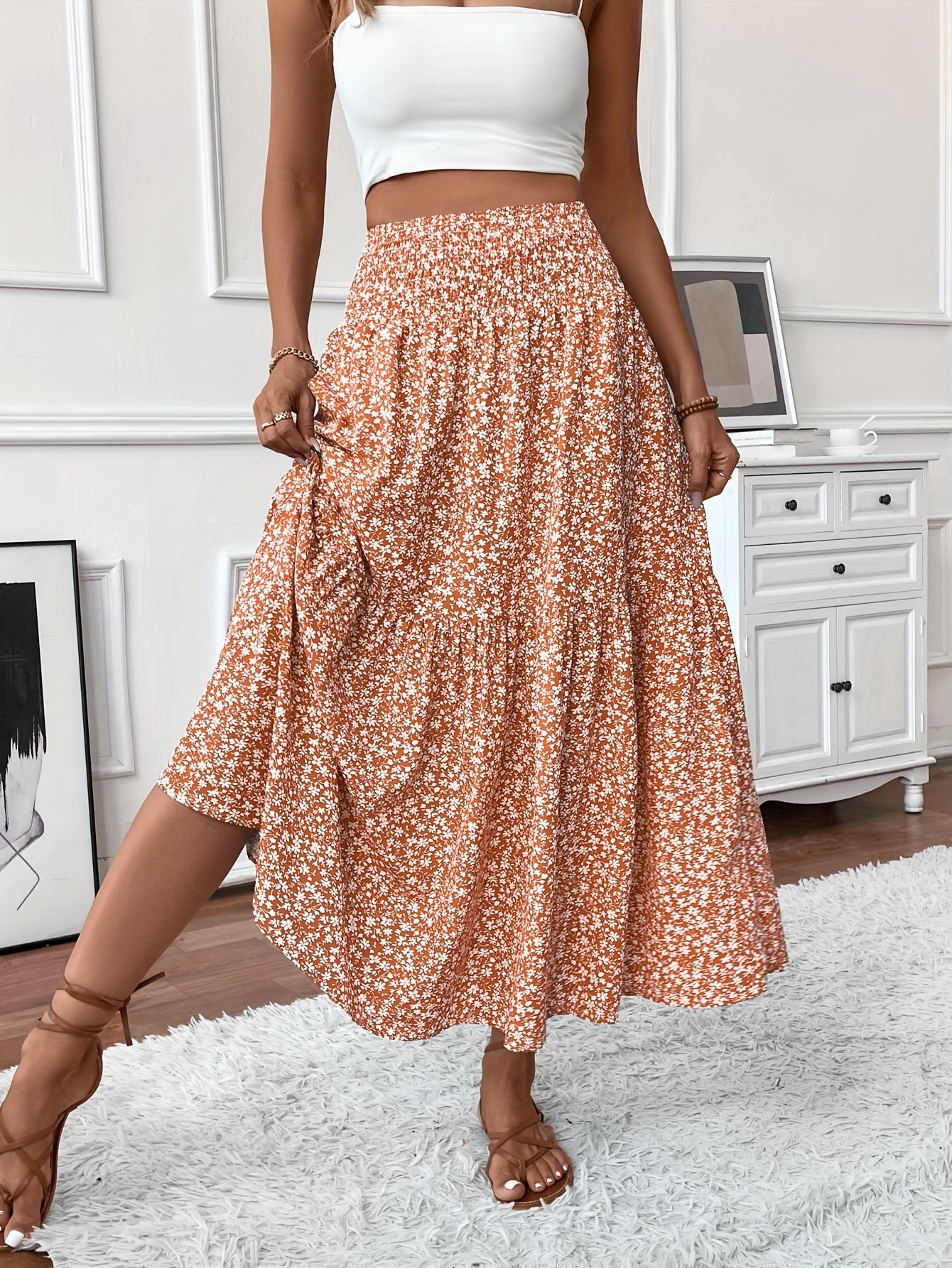 Inga™ | Casual Ditsy Floral Kjol med Elastisk Midja